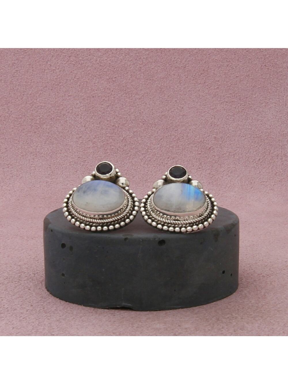 sterling silver bali beaded moonstone & amethyst post earrings